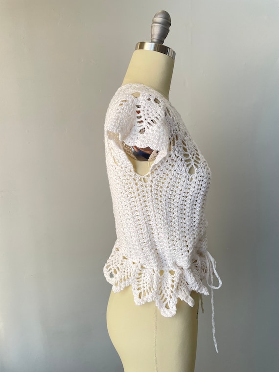 1970s Crochet Blouse Semi Sheer Cotton Top S - image 2