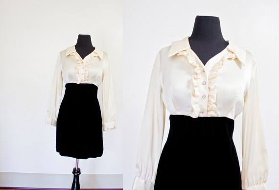 Items similar to Vintage 1960s Dress - Black Velvet White Satin Shirt ...