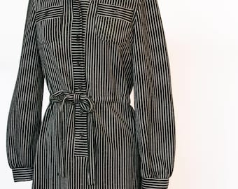 1970s Shirt Dress Striped Knit Shirtfront Long Sleeve S