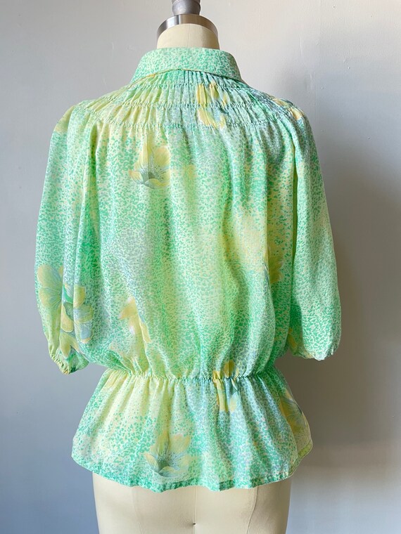 1970s Blouse Semi Sheer Floral Top L - image 3