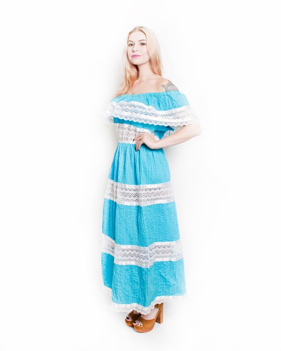 1970s Dress Mexican Lace Teal Maxi Off Shoulder L - image 6