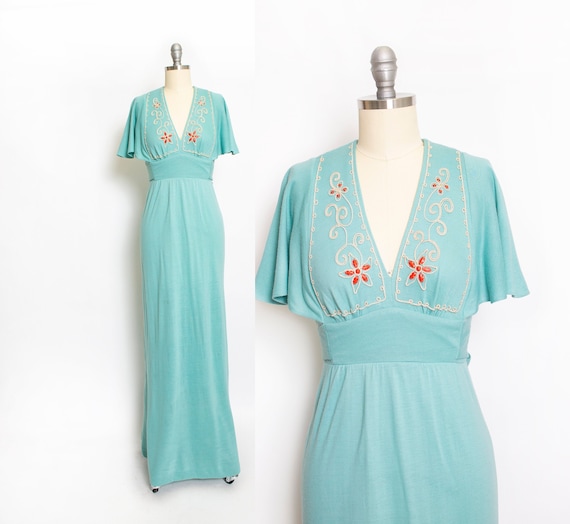 1970s Maxi Dress Young Innocent Sea Foam Blue Knit