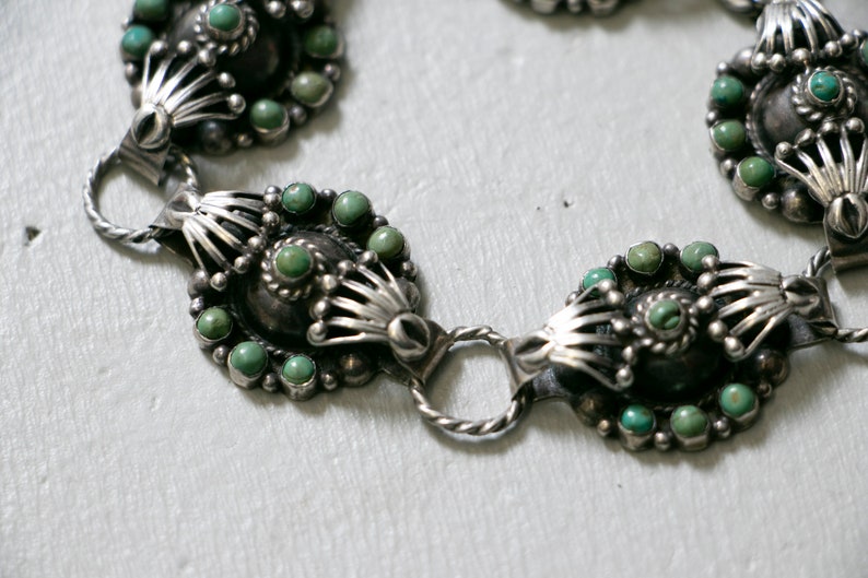 1930s Bracelet Sterling Taxco Wrought Turquoise Links