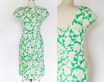 1960s Dress Green Floral Cotton Cocktail M