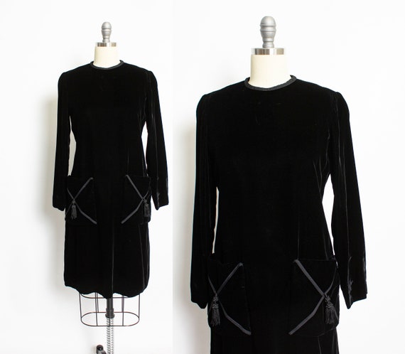 1960s Dress Black Velvet Tassels Pockets S - image 1