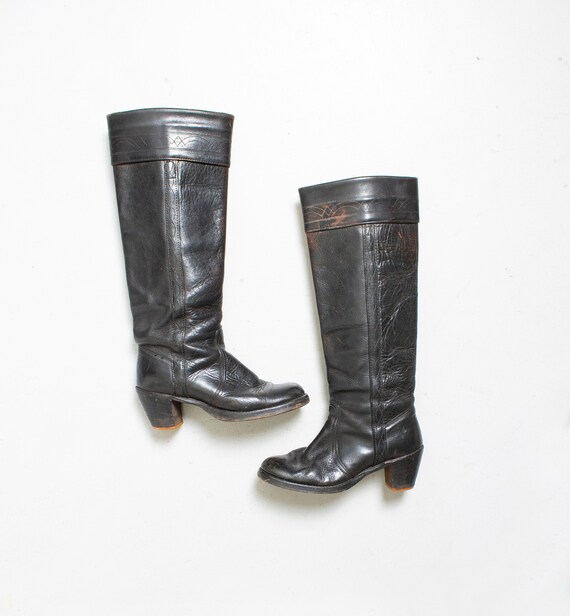 1970s Tall Boots Black Leather Capezio Heeled 7 1/