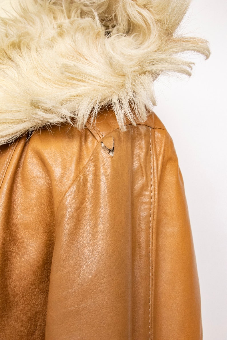 1970s Coat Leather Shearling Curly Fur Lamb Reversible Hooded M image 6