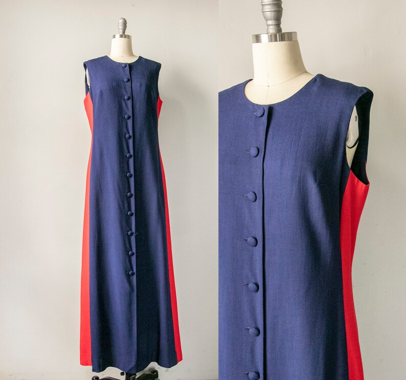 1960s Dress Linen Striped Sleeveless Shift Maxi M image 1