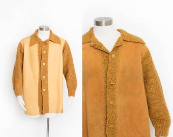 May include: A brown suede and knit jacket with a button-up front and long sleeves. The jacket has a collar and is made of a soft, textured fabric.