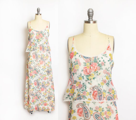 Vintage 1970s Dress Paisley Floral Cotton Full Len