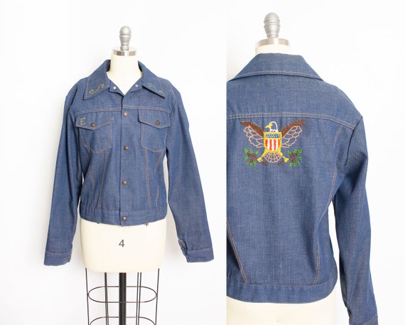 Vintage 1970s Denim Jacket Embroidered Eagle Blue