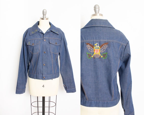 1970s Denim Jacket Embroidered Eagle Lightweight M - image 1