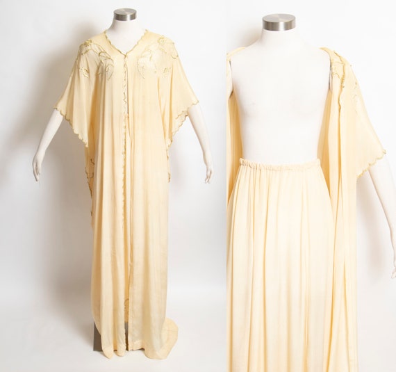 1970s Silk Robe Skirt Lingerie Lounge Caftan Set