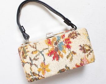 1960s Box Purse Needlepoint Floral Carpet Bag