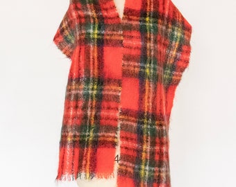 1960s Scarf Mohair Wool Red Plaid Knit Wrap