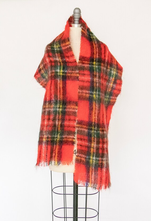 1960s Scarf Mohair Wool Red Plaid Knit Wrap - image 1