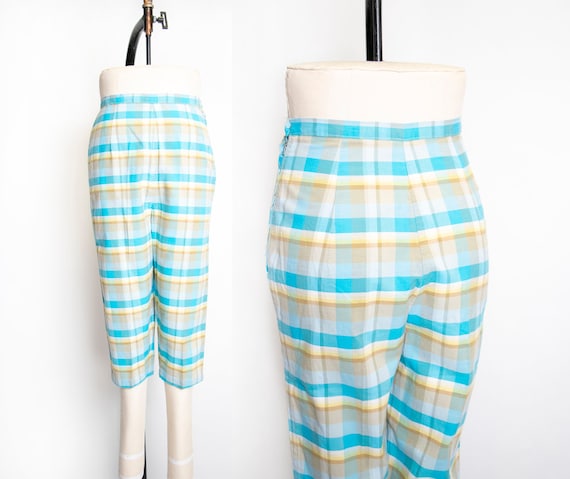 1960s Pants Plaid Blue High Waisted Cotton Pedal P