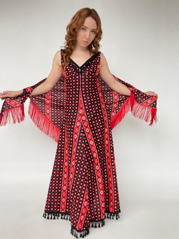 1970s Maxi Dress Printed Shawl Set Fringe S