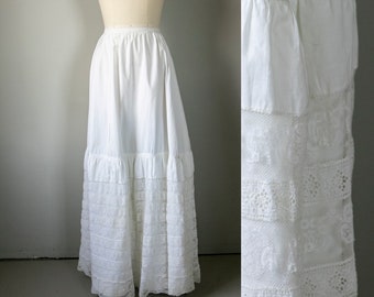 Antique Skirt Edwardian Cotton Lace Petticoat XS