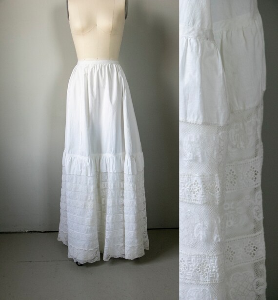 Antique Skirt Edwardian Cotton Lace Petticoat XS