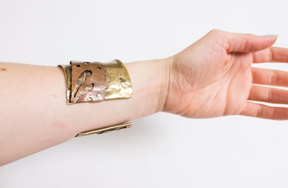 1980s Brutalist Bracelet Metal Cuff Copper Brass … - image 5