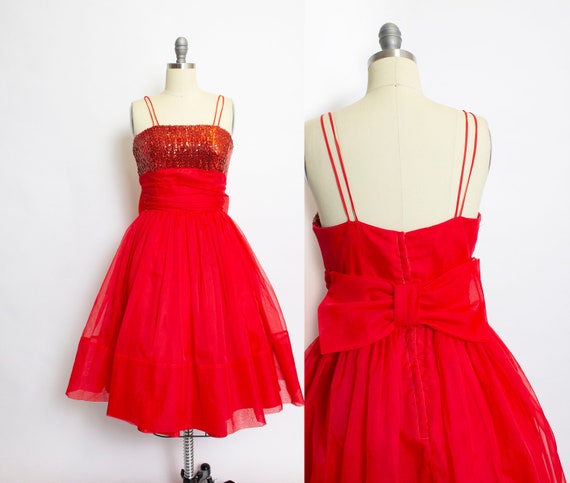 1950s Dress Red Chiffon Sequins Full Skirt S - image 1