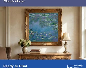 May include: A framed print of Claude Monet's "Water Lilies" painting. The artwork features a serene water scene with lily pads and reflections. The frame is ornate and gold-toned. The text "WATER LILIES" and "Claude Monet" are at the top. The words "Ready to Print" are at the bottom.