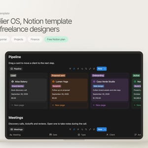 Può includere: Un modello digitale Notion intitolato Atelier OS per designer freelance, caratterizzato da un'interfaccia a tema scuro con una bacheca pipeline che mostra progetti di clienti come Atlas Bakery, Lumen Yoga e Casa Verde Studio con etichette.