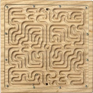 May include: A square wooden maze game with a clear acrylic top. The maze is carved into the wood, featuring a complex network of pathways. Small metal screws secure the acrylic to the wooden frame. The wood has a light brown color.