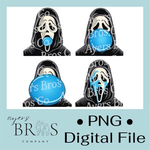 May include: A digital file showing four Ghostface mask designs, each with a different bubble gum or tear effect. The masks are black and white, with blue accents. The text "Ayers Bros Co" is on the bubble. The words "PNG Digital File" are also present.