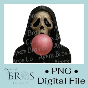 May include: A digital file featuring a Scream mask with a pink bubble. The mask is beige with black eye sockets and a gaping mouth. The mask is wearing a black hooded robe. The text "PNG Digital File" is included.