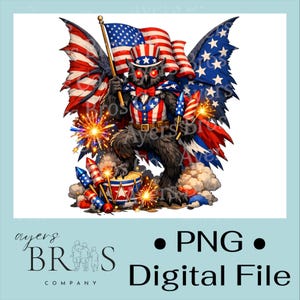 May include: Digital image of an owl character in patriotic colours, holding a flag and fireworks. The owl is wearing a top hat and bow tie, with red eyes. The image includes fireworks and a drum, with the text "PNG Digital File".