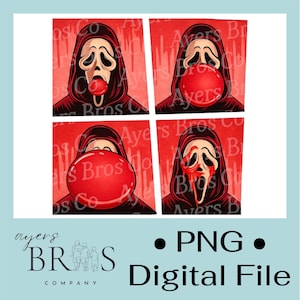 May include: A digital file featuring four panels of a Ghostface mask from the Scream movie franchise. The mask is in a black hood with a red background. The mask is shown with a red bubble gum bubble in various stages. The text "Ayers Bros Co" is visible.