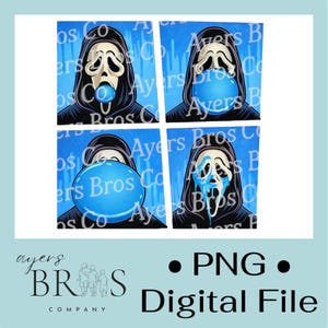 May include: A digital file featuring a pop art design of the Ghostface mask from the Scream movies. The image shows the mask blowing a bubblegum bubble in four different stages, set against a blue background. The text "Ayers Bros Co" is visible.