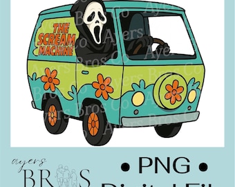 May include: A digital file featuring a cartoon van with the text "The Scream Machine" and a Ghostface character driving. The van is teal and green with orange flower accents. The file is labeled "PNG Digital File".