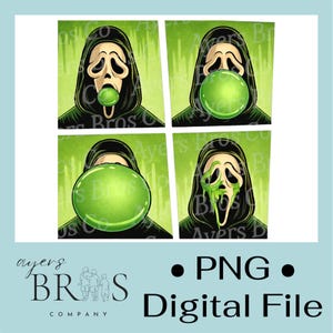 May include: A digital file showing four panels of the Scream mask with a green bubble gum. The mask is black and white with a green background. The text "PNG Digital File" is also included.