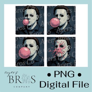 May include: A digital file showing four panels of a character in a white mask, blowing a pink bubblegum bubble. The last panel shows the bubble bursting. The text "PNG Digital File" is included.