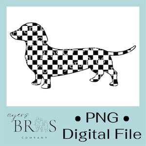 Puede incluir: Un archivo PNG digital que presenta la silueta de un perro salchicha con un patrón de cuadros en blanco y negro. La imagen incluye el texto "PNG Digital File" y el logotipo de la empresa "ayers BROS COMPANY".