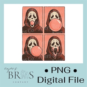 May include: A digital file featuring a pop art style design of the Ghostface mask from the Scream movies. The image shows the mask in four panels, each with a bubblegum bubble. The text "PNG Digital File" is included.