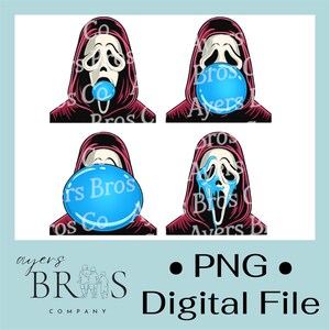 May include: Four images of the Ghostface mask from the Scream films, each with a blue bubble gum bubble. The mask is white with black eyes and mouth, and is wearing a black hood with a red cloak. The text "Ayers Bros Co" is on the bubbles.