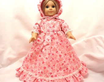 Valentine doll dress for 18 inch dolls.  Long, ruffled.  Shades of Pink and white with sparkles and white and gold heart lace trim.