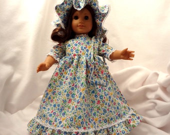 Pink, blue, yellow and green print, with white lace, long dress for 18 inch dolls.