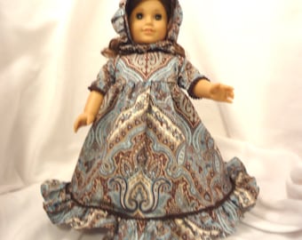 Turquoise and brown paisley with brown, long dress for 18 inch dolls, with mini pom-pom trim.