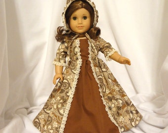 Brown and beige print, long dress for 18 inch dolls, with solid brown inset and beige lace trim.