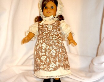 Four piece outfit, for 18 inch dolls.  Dress, Jumper, Pantaloons, and Bonnet.