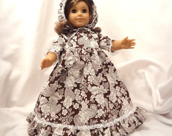 Dark brown and white print, long dress for 18 inch dolls, with white lace.