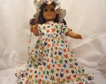 Long, ruffled Christmas dress for 18 inch dolls.  Multi-color STAR print, with metallic gold baby rick-rack trim.