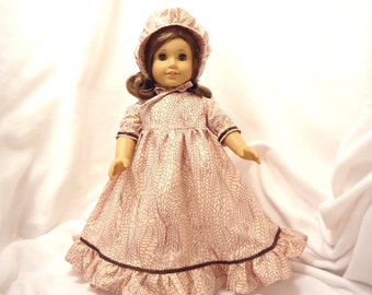 Brown on pale mauve print, long dress for 18 inch dolls, with brown satin ribbon trim.