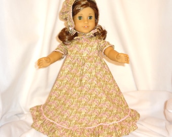 Pink and beige cotton print, long dress for 18 inch dolls, with pink rick rack trim.