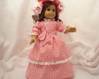Strawberry pink floral print, long dress for 18 inch dolls, with white lace trim.